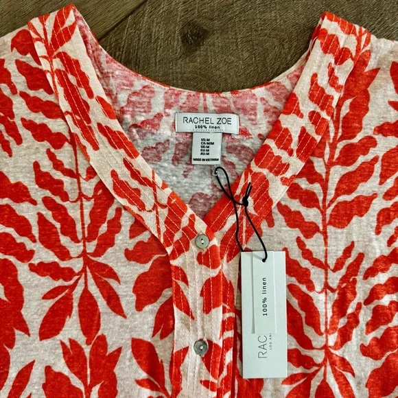 New Tropical Resort Wear Sleeveless Button Down Linen‎ V Neck Top Women's M - Picture 2 of 9